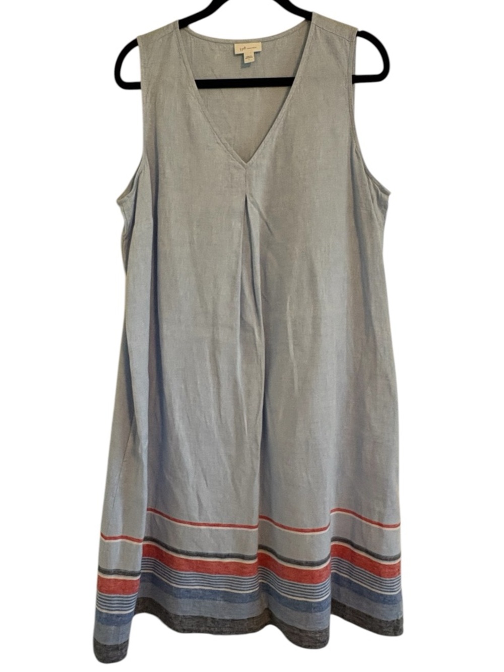 J. Jill Love Linen Light Blue V-Neck Dress Striped Hem Above Knee Length - Picture 5 of 12